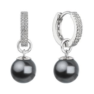 Stříbrné visací náušnice kroužky s šedou perlou