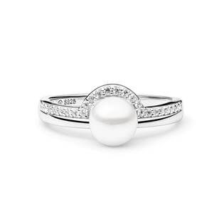 Stříbrný prsten s bílou perlou a zirkony
